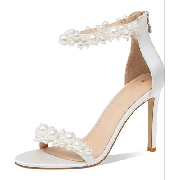 Women's White Heeled Sandals with Pearl Decoration Stiletto Heels Open Toe Back - Picture 1 of 7